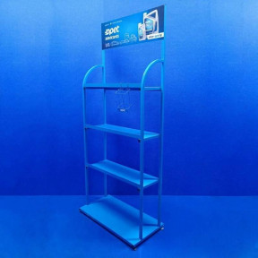 Торговый стеллаж для автомасел на 4 полки с рекламной панелью, синий